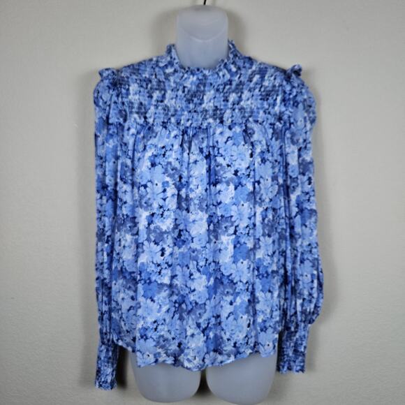 & OTHER STORIES Smocked A-Line Blouse Blue Floral Cottage Boho Chic Sheer Size 4 - Picture 3 of 14